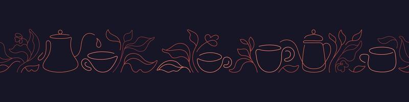 Tea leaf, cup pattern. Line border Design for cafe vector