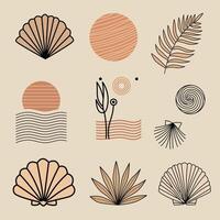 Minimalist boho clip-art set featuring seashells, waves, sun, leaves, and abstract nature elements in earthy tones. Perfect for coastal, tropical, beach, and organic design projects. vector
