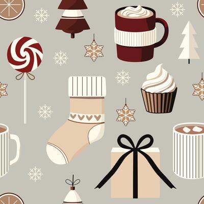 Seamless Christmas pattern with festive elements like stockings, gifts, hot cocoa, candy, cupcakes, and snowflakes in cozy neutral tones. Perfect for holiday textiles, wrapping paper, and decor.