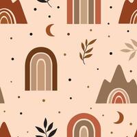 Seamless boho pattern with abstract rainbows, mountains, leaves, and moons in earthy tones. Perfect for textiles, wallpapers, wrapping paper, and digital backgrounds. vector