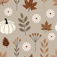 Seamless autumn pattern with pumpkins, leaves, flowers, and botanical elements in warm earthy tones. Perfect for fall-themed textiles, wallpapers, wrapping paper, and digital projects. vector