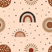 Seamless boho pattern featuring abstract rainbows, sunbursts, and dots in warm earthy tones. Ideal for fabrics, wallpapers, gift wrap, and digital designs. vector