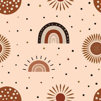Seamless boho pattern featuring abstract rainbows, sunbursts, and dots in warm earthy tones. Ideal for fabrics, wallpapers, gift wrap, and digital designs.
