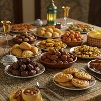 A table with many plates of food on it photo