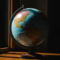 A globe on a wooden table in front of a window photo