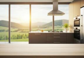 An empty table in front of a kitchen with a view of the mountains photo