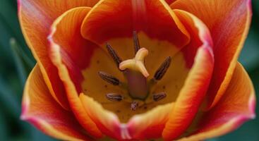 A close up of an orange and yellow tulip photo