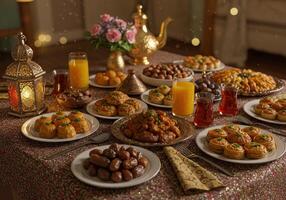A table with many plates of food on it photo