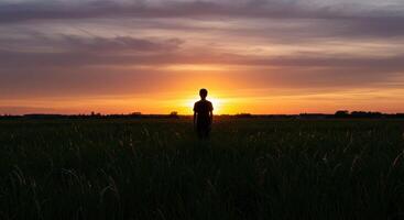 Silhouette of a man standing in a field at sunset photo