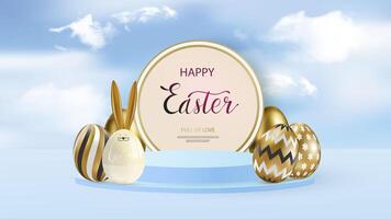 Minimalist scene with a blue cylindrical podium in the clouds and flying Easter eggs and carrots. Stage for product demonstration, showcase. vector