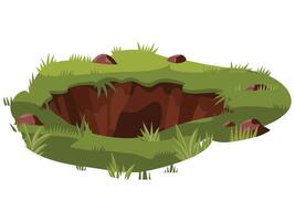 Deep Pit with Grass and Stones Detailed Cartoon Drawing on White Background vector