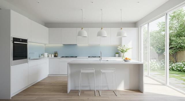 A modern kitchen with white cabinets and blue walls photo