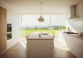 A kitchen with a table and chairs in front of a window photo