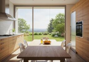 A modern kitchen with a table and chairs photo