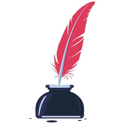 Illustration of Quill and Inkwell with Red Writing Feather