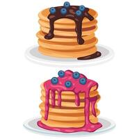 Flat Design of Pancakes with Various Toppings Breakfast Concept vector