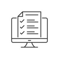 Desktop computer with digital questionnaire flat line icon. thin sign of online test result, education logo. Survey outline illustration.Web vector