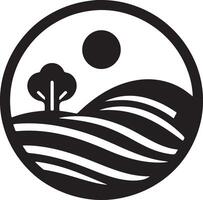 a black and white logo with a tree and a sun vector