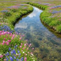A stream runs through a field of wildflowers photo