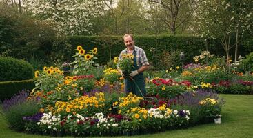 A man standing in a garden with flowers photo