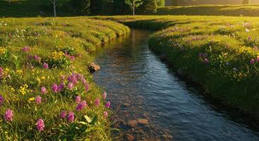 A river running through a field of flowers photo