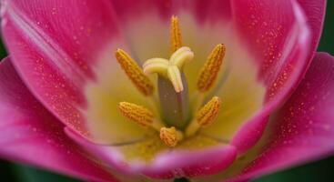 A close up of a pink tulip with yellow stamen photo