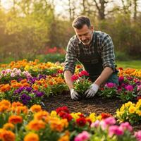 A man is working in a garden with flowers photo