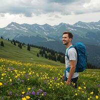 A man with a backpack standing in a field of wildflowers photo