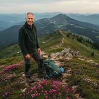 A man standing on a mountain top with a backpack photo