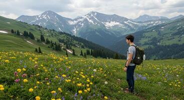A man with a backpack standing in a field of wildflowers photo