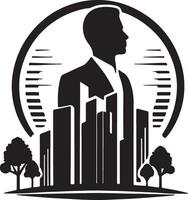 a silhouette of a man in a suit standing in front of a cityscape vector
