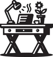a black and white illustration of a desk with a lamp and a laptop vector