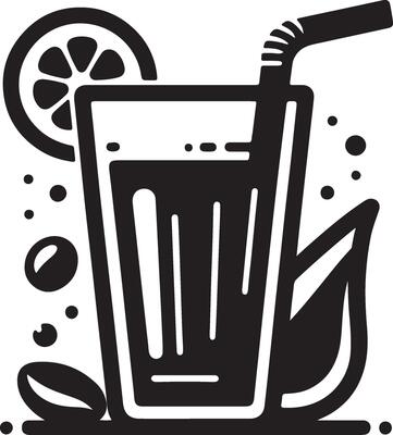 a black and white illustration of a glass of juice
