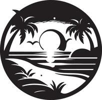 a black and white image of a beach with palm trees and a sunset vector