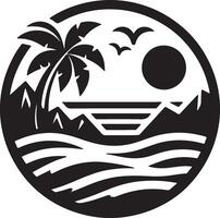 a black and white logo of a beach with palm trees and waves vector