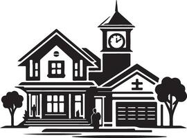 a black and white illustration of a house with a clock tower vector