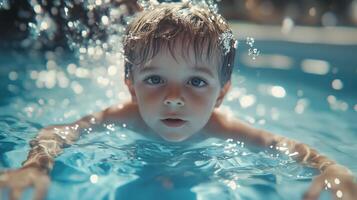 Curious child swimming in clear blue pool, peaceful summer concept photo