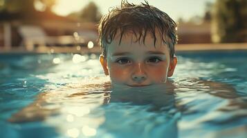 Boy calmly swimming in tranquil pool at sunset, serene summer relaxation concept photo