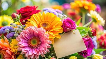 Colorful flower bouquet with blank card for message photo