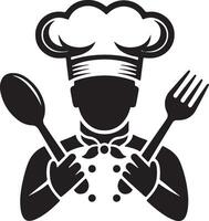a chef holding a spoon and fork in his hand vector