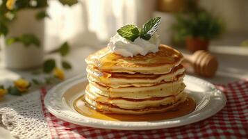 stack of golden pancakes with syrup, whipped cream, and mint on a white plate in a cozy kitchen with warm morning sunlight photo
