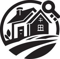 a black and white logo of a house with a key vector