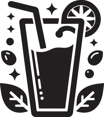 a black and white illustration of a drink with a straw