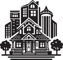 a black and white illustration of a house with a tree in front vector