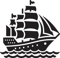 Black and White Sailing Ship on Waves Icon vector