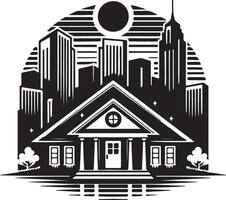 a black and white illustration of a house with a city skyline in the background vector