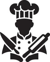 a black and white silhouette of a chef with a knife and rolling pin vector