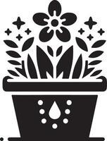 a black and white flower pot with flowers and leaves vector
