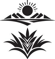 a sun and mountains with a plant in the background vector