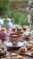 A traditional Nowruz table with a beautifully decorated cup of tea, array of Persian sweets, and flowers. Vertical image photo